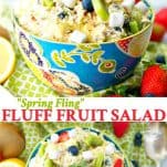 Long collage image of Spring Fling Fluff Fruit Salad