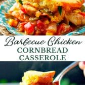 Long collage image of BBQ chicken cornbread casserole.