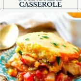 BBQ chicken cornbread casserole with text title box at top.