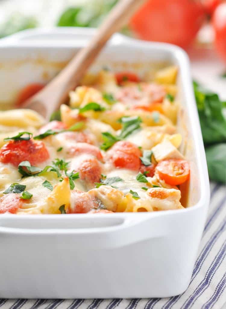 A close up of Dump and Bake Chicken Caprese Pasta 