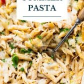 Dump-and-bake summer pasta with text title overlay.