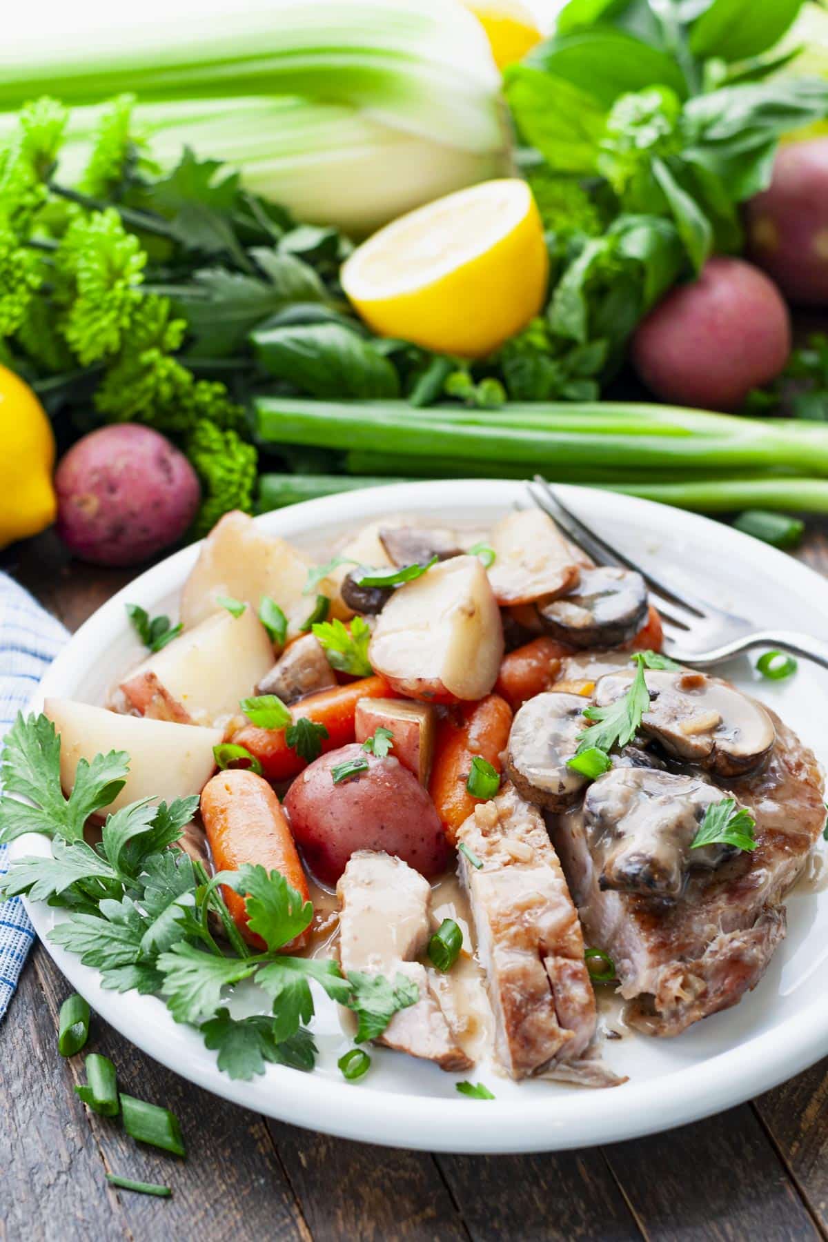 Side shot of easy slow cooker pork chops and vegetables served on a white plate with gravy.