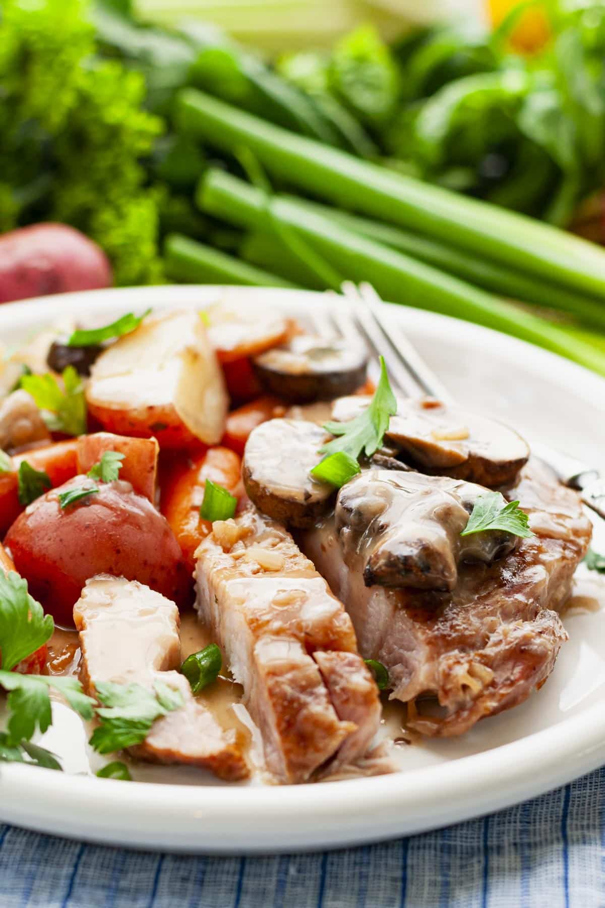 Close up front shot of a plate of easy slow cooker pork chops with vegetables and gravy.