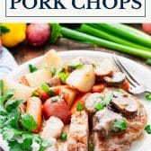 Easy slow cooker pork chops with text title box at top.