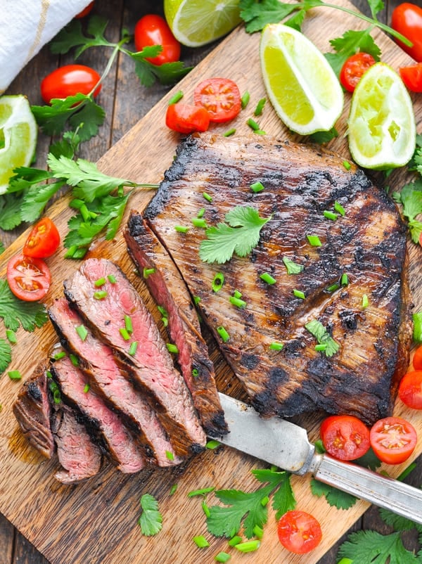 Sliced grilled flank steak for carne asada