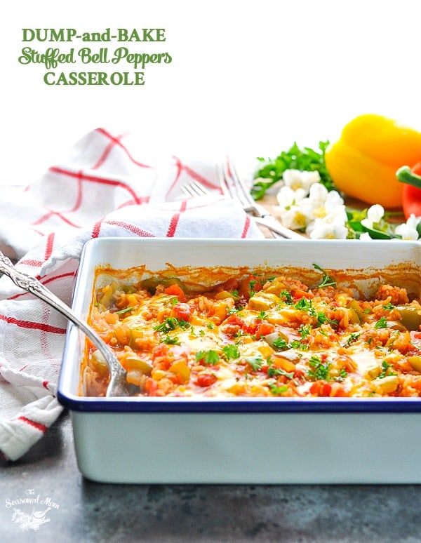 You can make this healthy and low calorie Dump and Bake Stuffed Bell Peppers Casserole with ground beef or ground turkey!