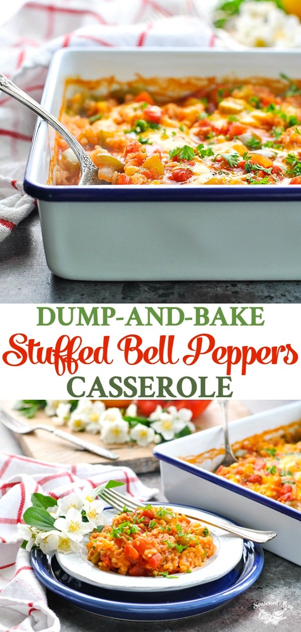 Serve a healthy and easy dinner with this Dump and Bake Stuffed Bell Peppers Casserole!