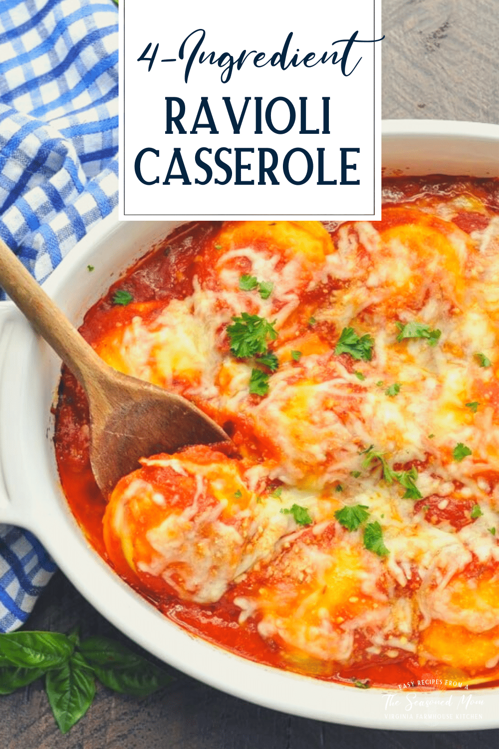 Overhead shot of ravioli casserole with text title overlay