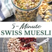 Long collage image of Swiss muesli recipe.