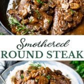 Long collage image of smothered round steak.