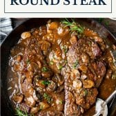 Smothered round steak with text title box at top.