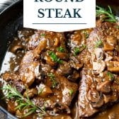 Smothered round steak with text title overlay.