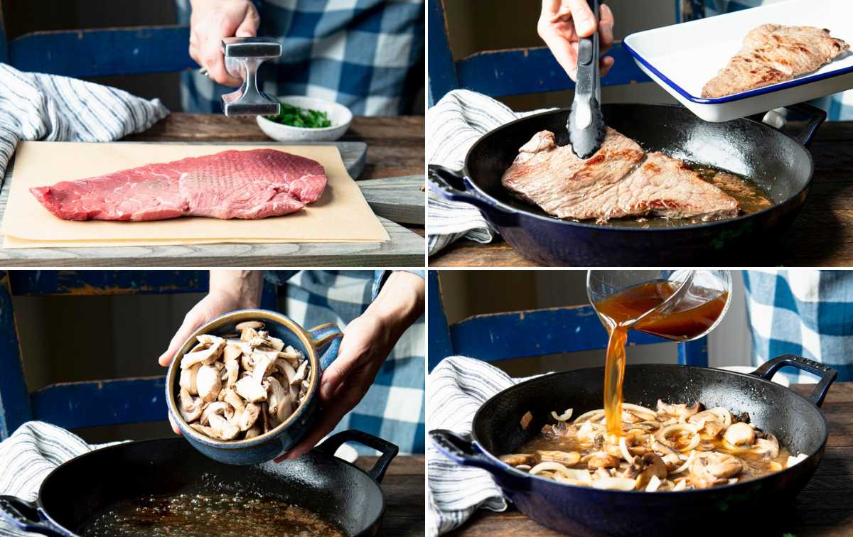 Horizontal collage of process shots showing step-by-step images for how to make smothered round steak so that it's tender.