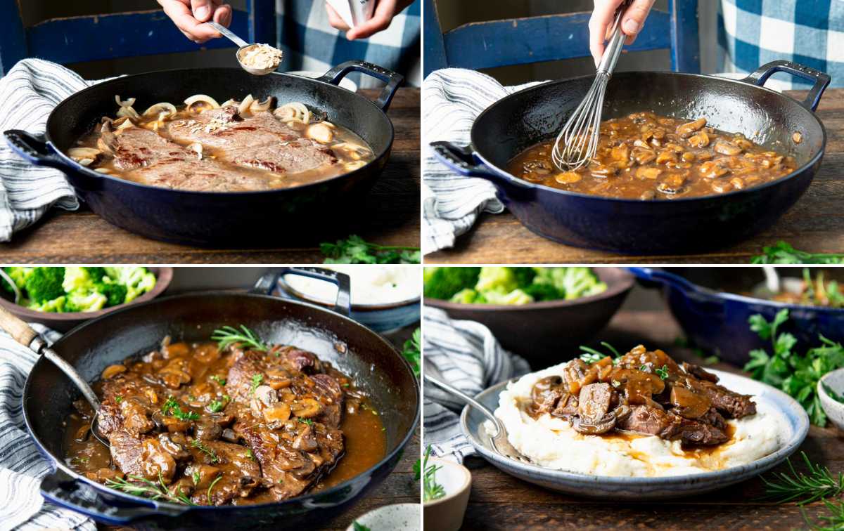 Collage image of process shots showing how to cook round steak.