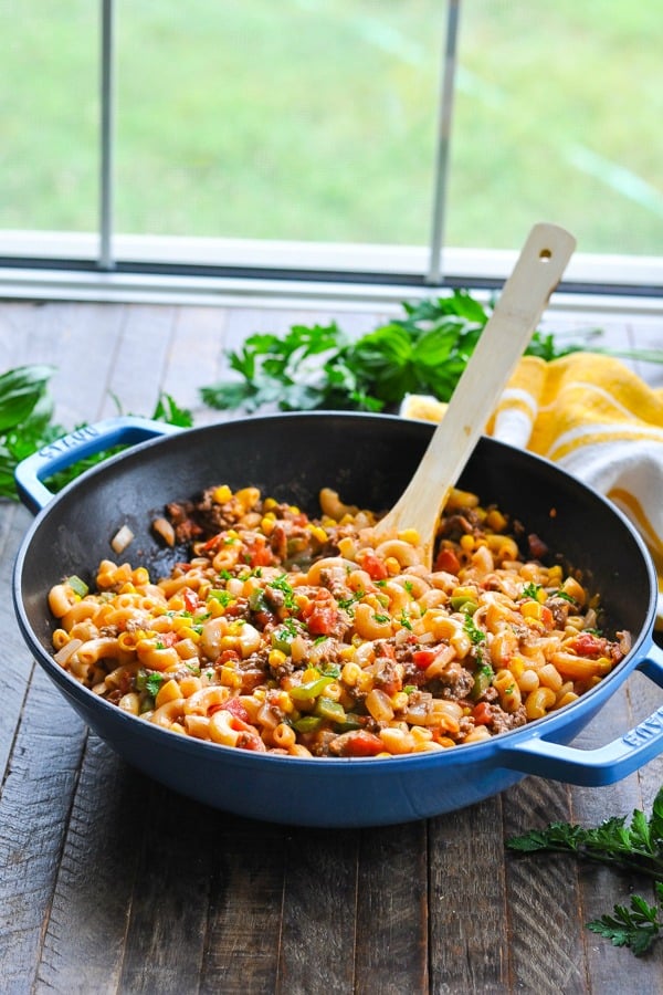 Ground beef pasta in a cast iron skillet