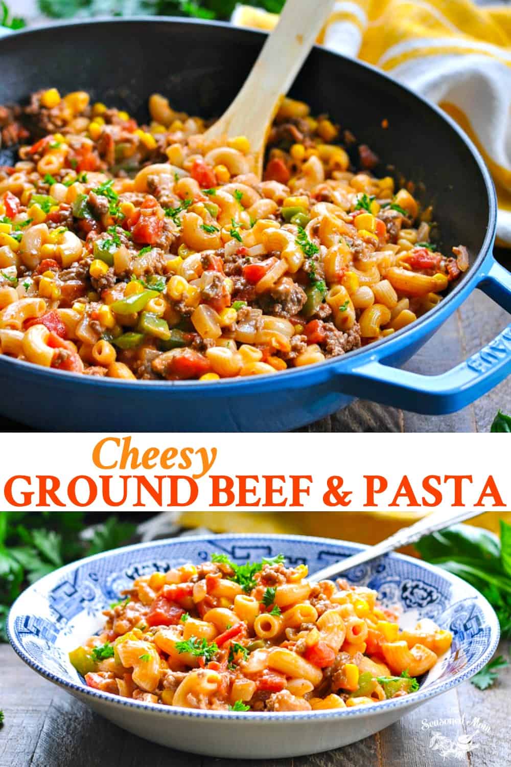 Long collage of cheesy ground beef pasta