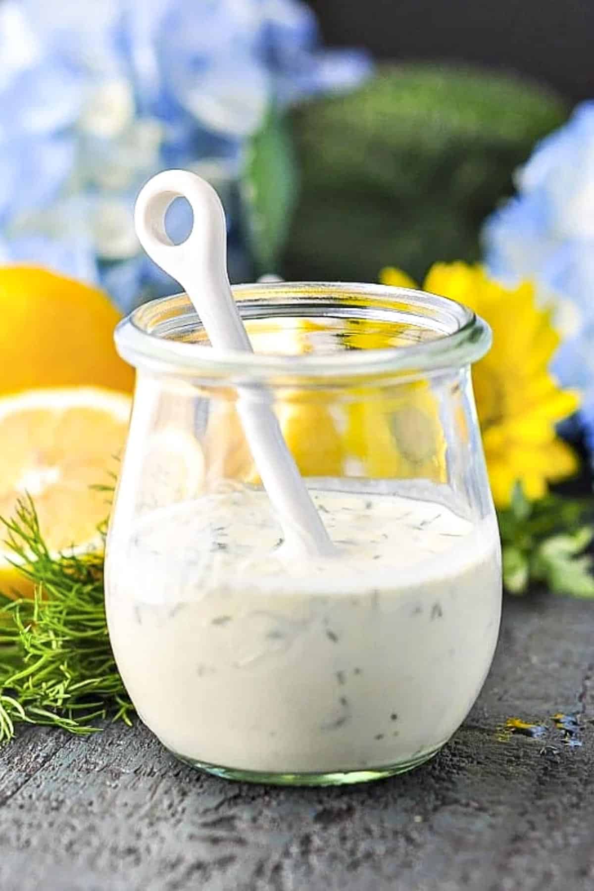 Front shot of southern buttermilk dressing in a glass jar.