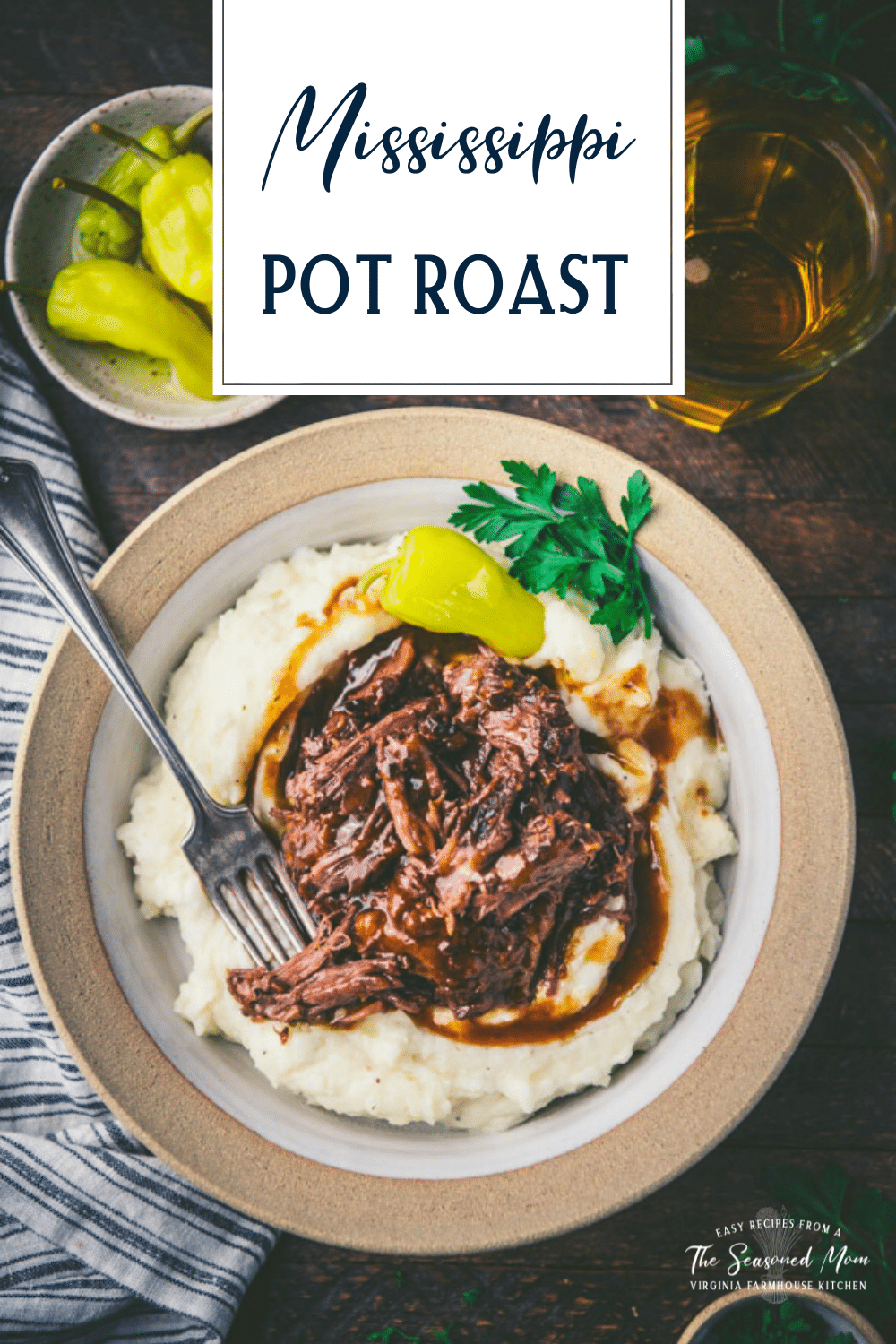 Overhead shot of a bowl of mississippi pot roast with text title overlay