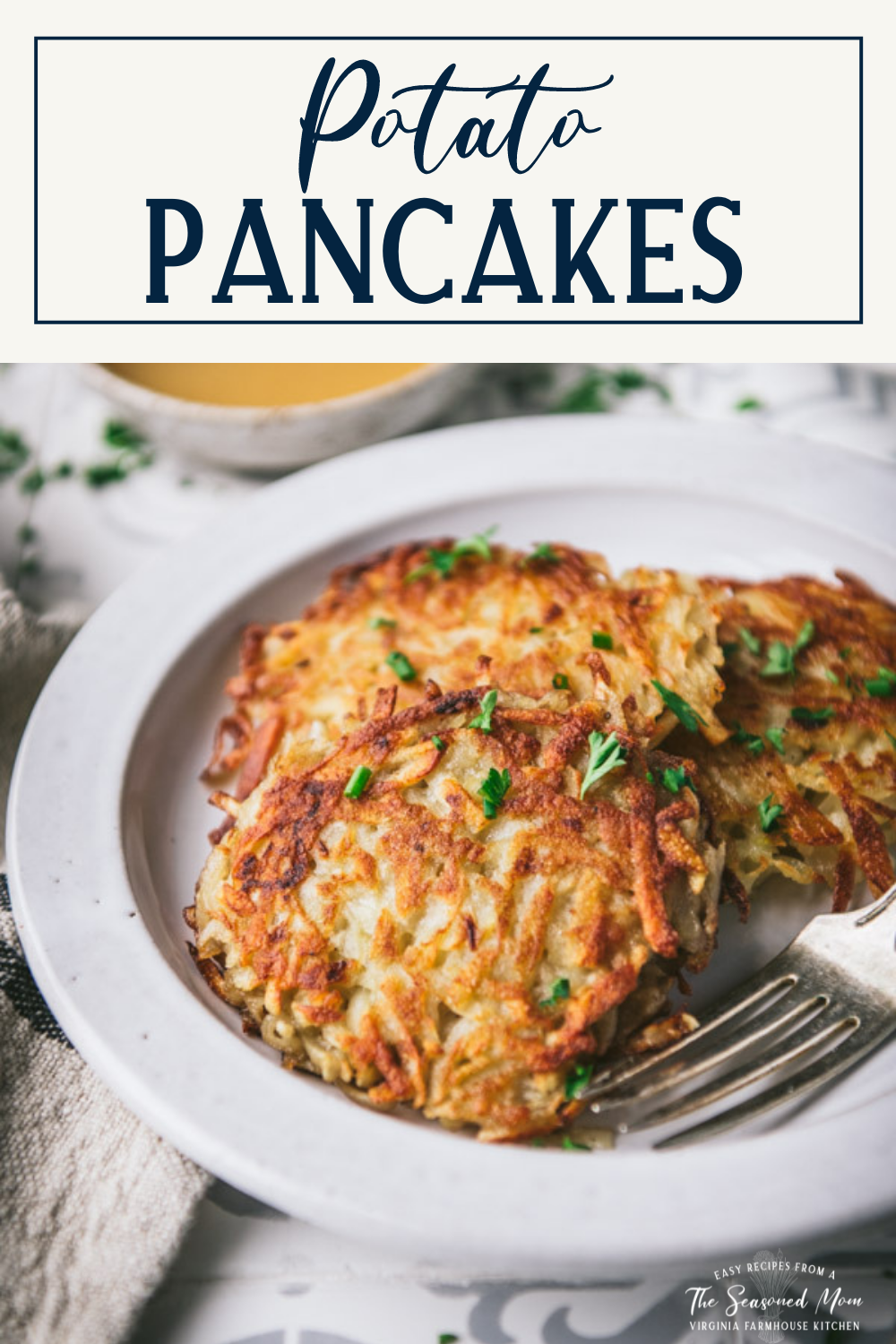 Side shot of plate of potato pancakes with text title box at top