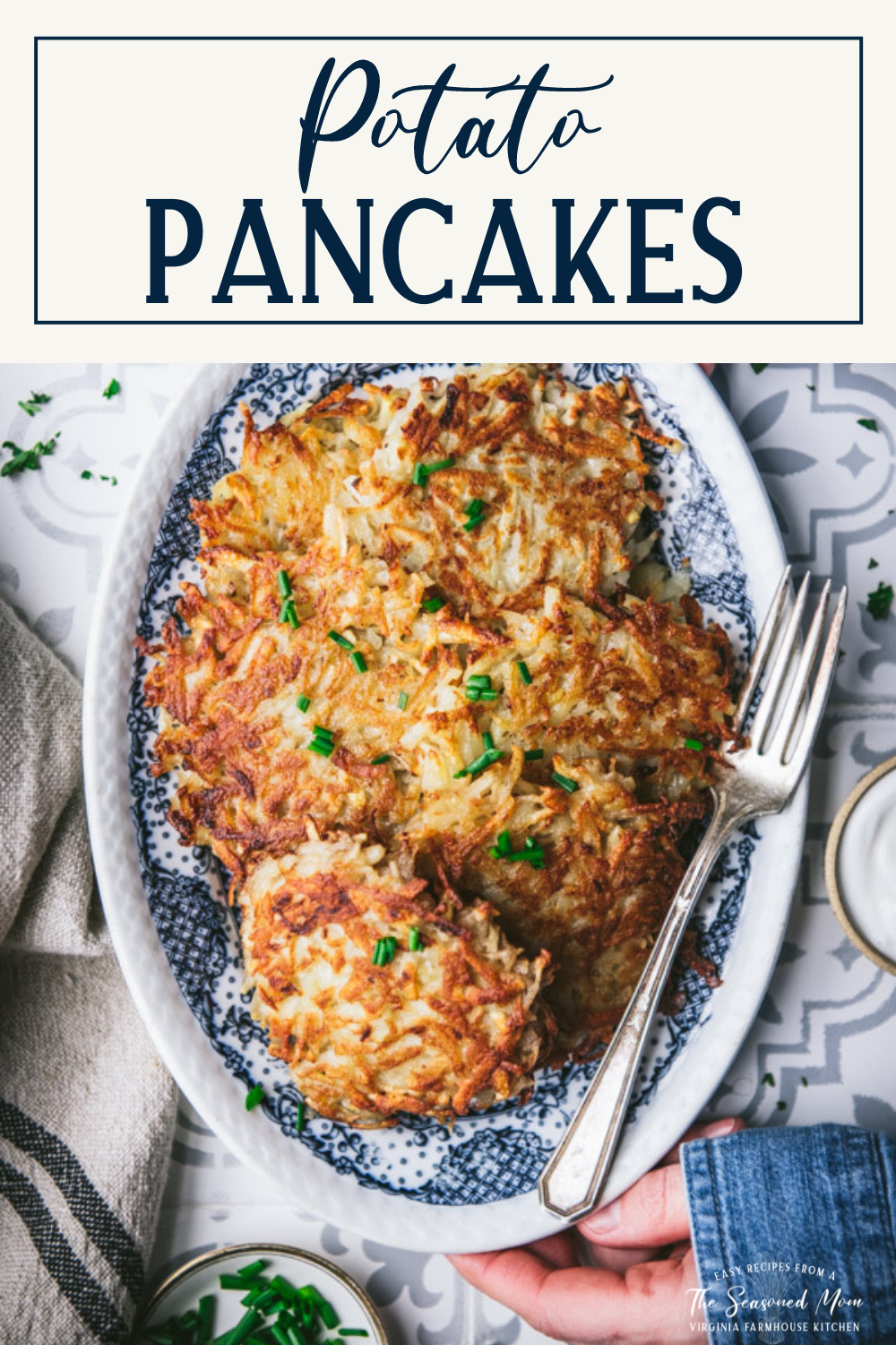 Tray of potato pancakes with text title box at top