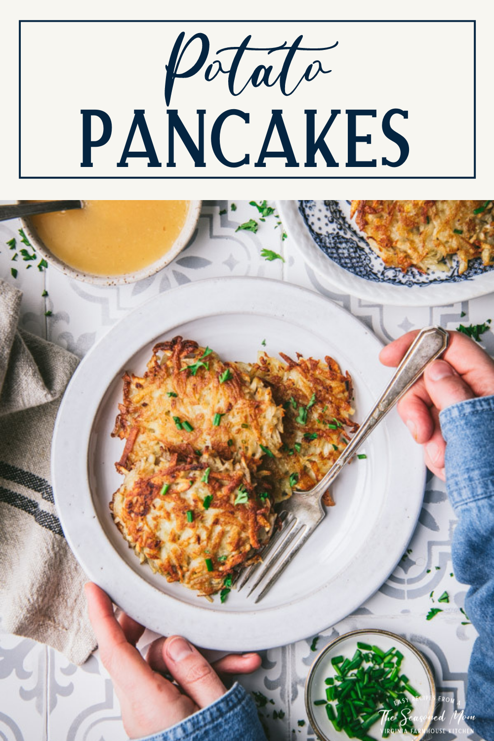 Plate of the best potato pancake recipe with text title box at top