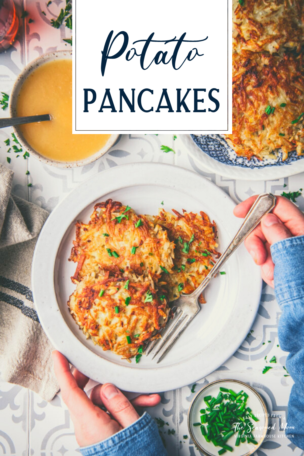 Overhead shot of a plate of potato pancakes with text title overlay