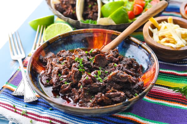 Horizontal shot of a bowl of beef barbacoa