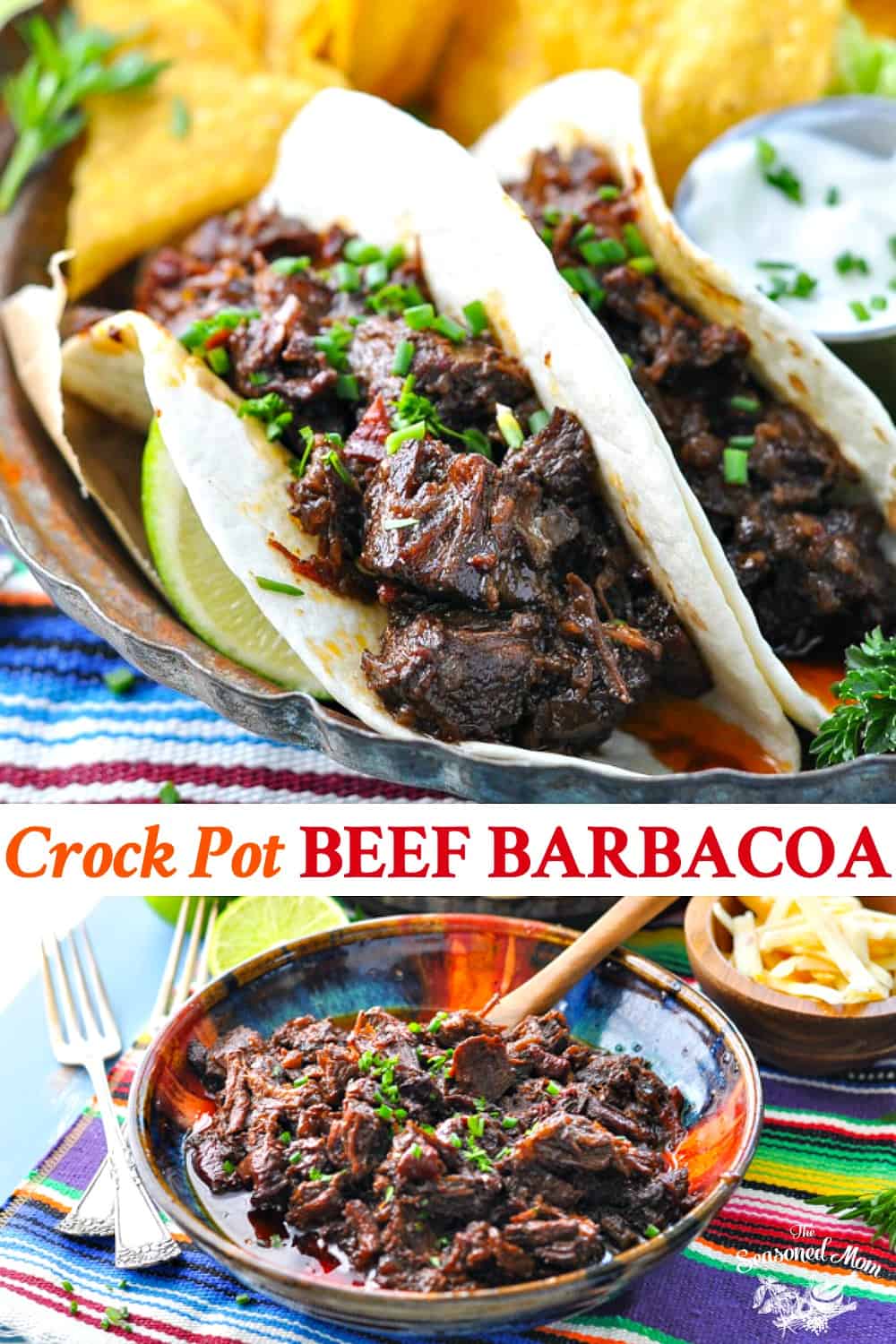 Long collage image of Crock Pot Beef Barbacoa