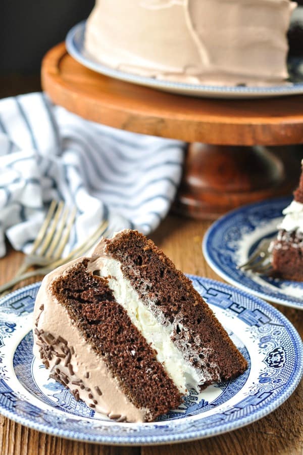 Slice of easy chocolate cake on a blue and white plate