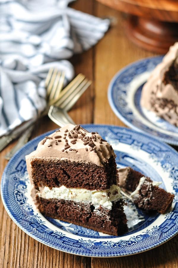 Shot from above of a slice of chocolate cake with a bite on a fork