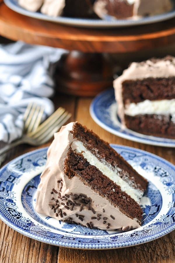 Front shot of a piece of easy chocolate cake with cream filling on a serving plate