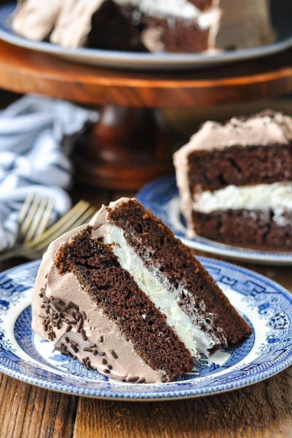 Close up shot of chocolate cake with cream filling