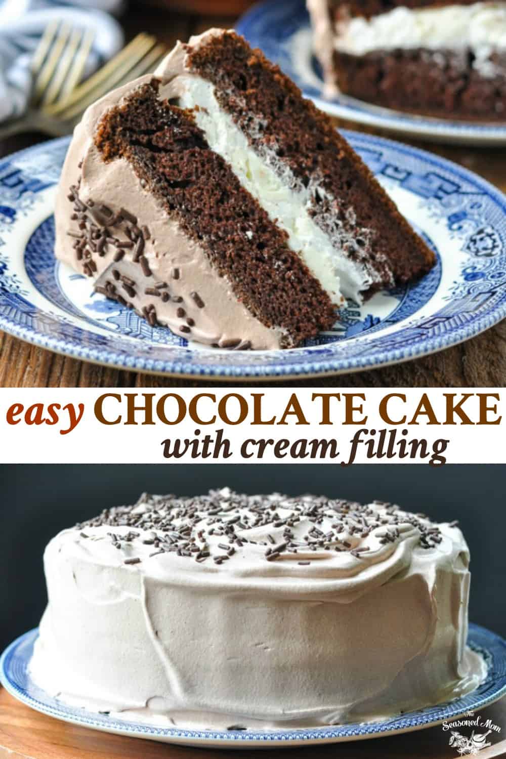 Long collage image of Easy Chocolate Cake with Cream Filling