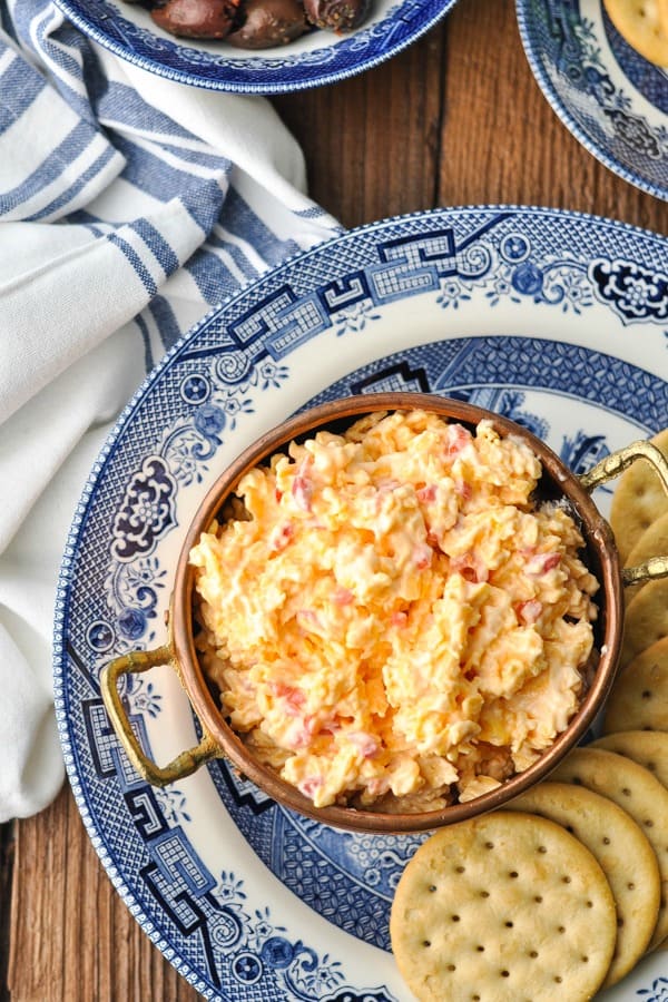 Close overhead shot of pimento cheese in a serving bowl