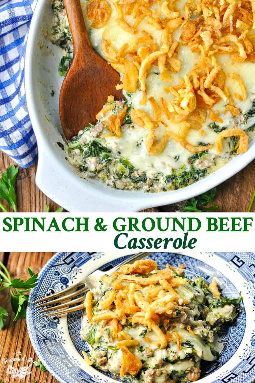 Long collage image of Spinach and Ground Beef Casserole