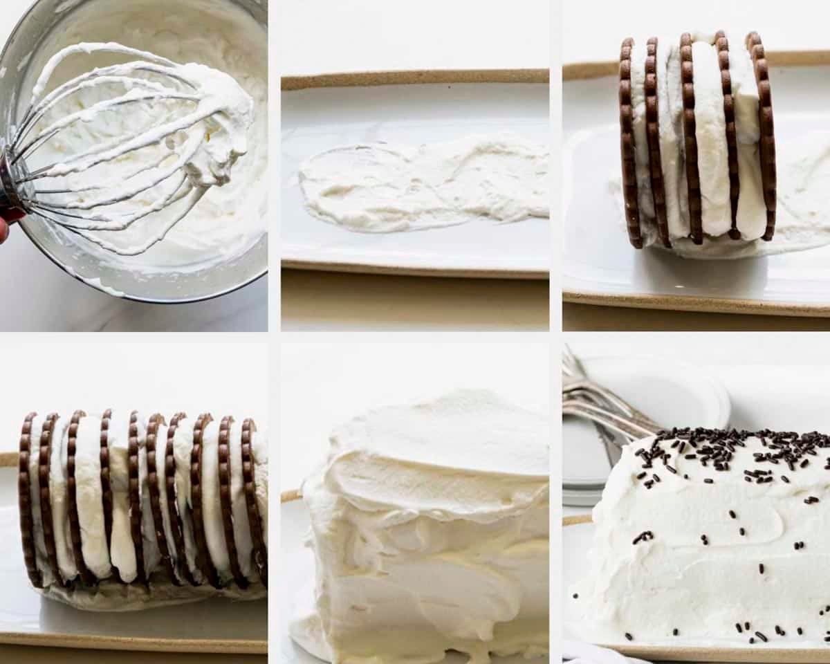 Horizontal collage showing step by step process shots for how to make icebox cake.