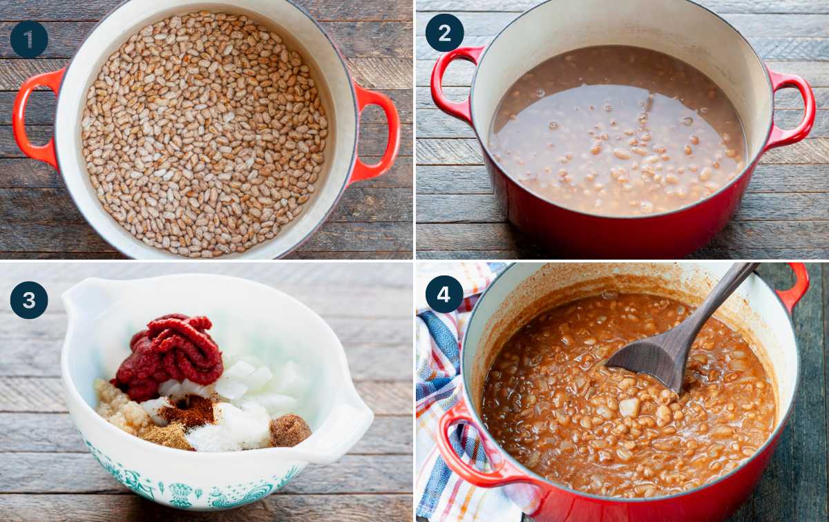 Horizontal collage of process shots showing step by step instructions for how to make ranch style beans.