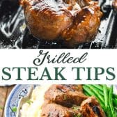 Long collage image of grilled steak tips recipe.