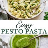 Long collage image of pesto pasta with homemade pesto sauce.