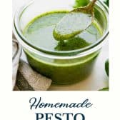Pesto pasta with homemade pesto sauce and text title at the bottom.