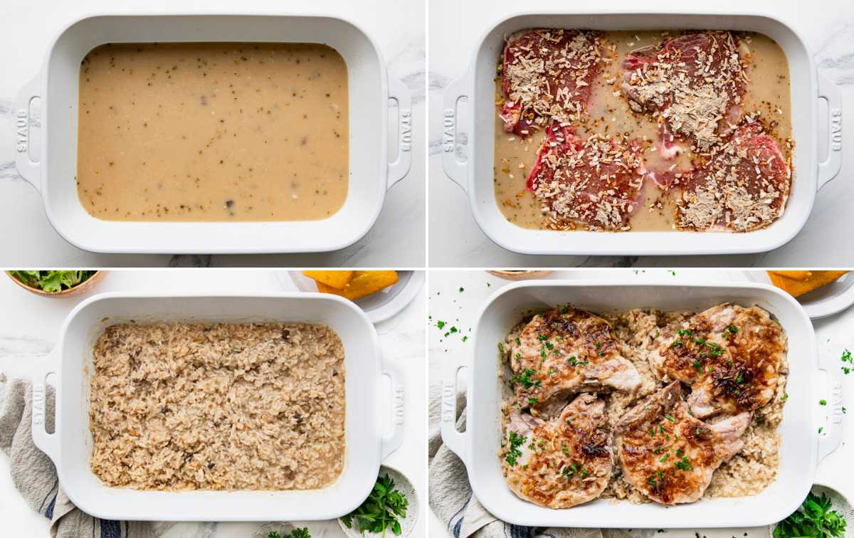 Horizontal collage image of process shots showing how to make pork chop and rice casserole.