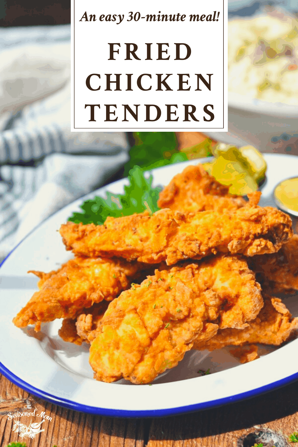 Platter of fried chicken tenders with text box at top