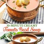 lång collage bild av lätt tomat basilika soppa