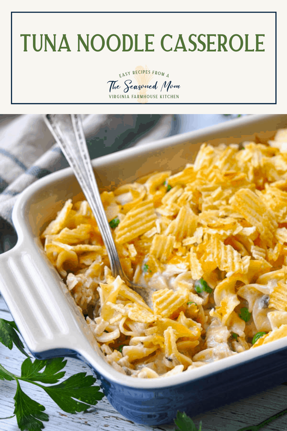 Side shot of easy tuna noodle casserole with a text title box at the top