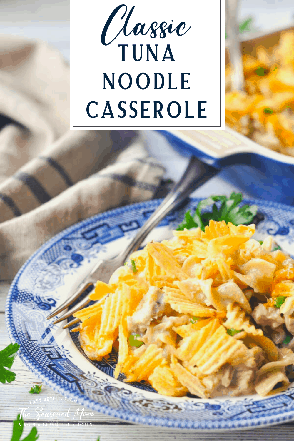 Front shot of easy tuna noodle casserole recipe on a plate with a text title box at the top