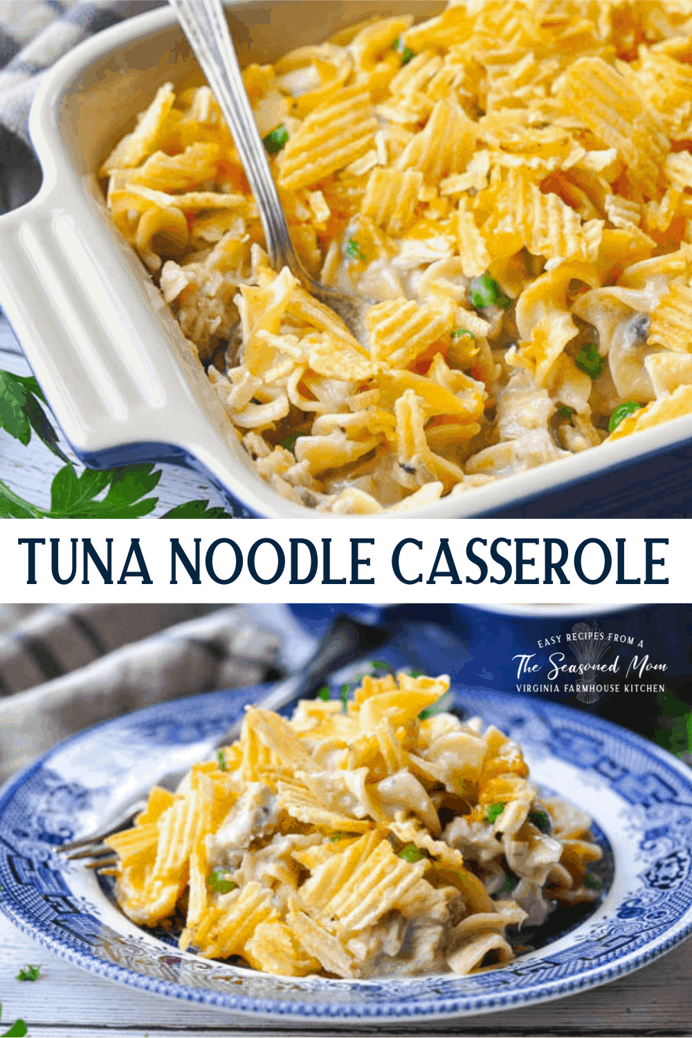 Long collage image of Classic Tuna Noodle Casserole