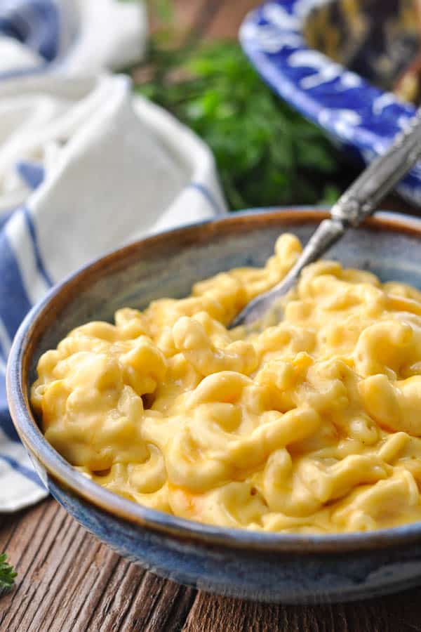 Front shot of creamy baked macaroni and cheese served in a blue bowl