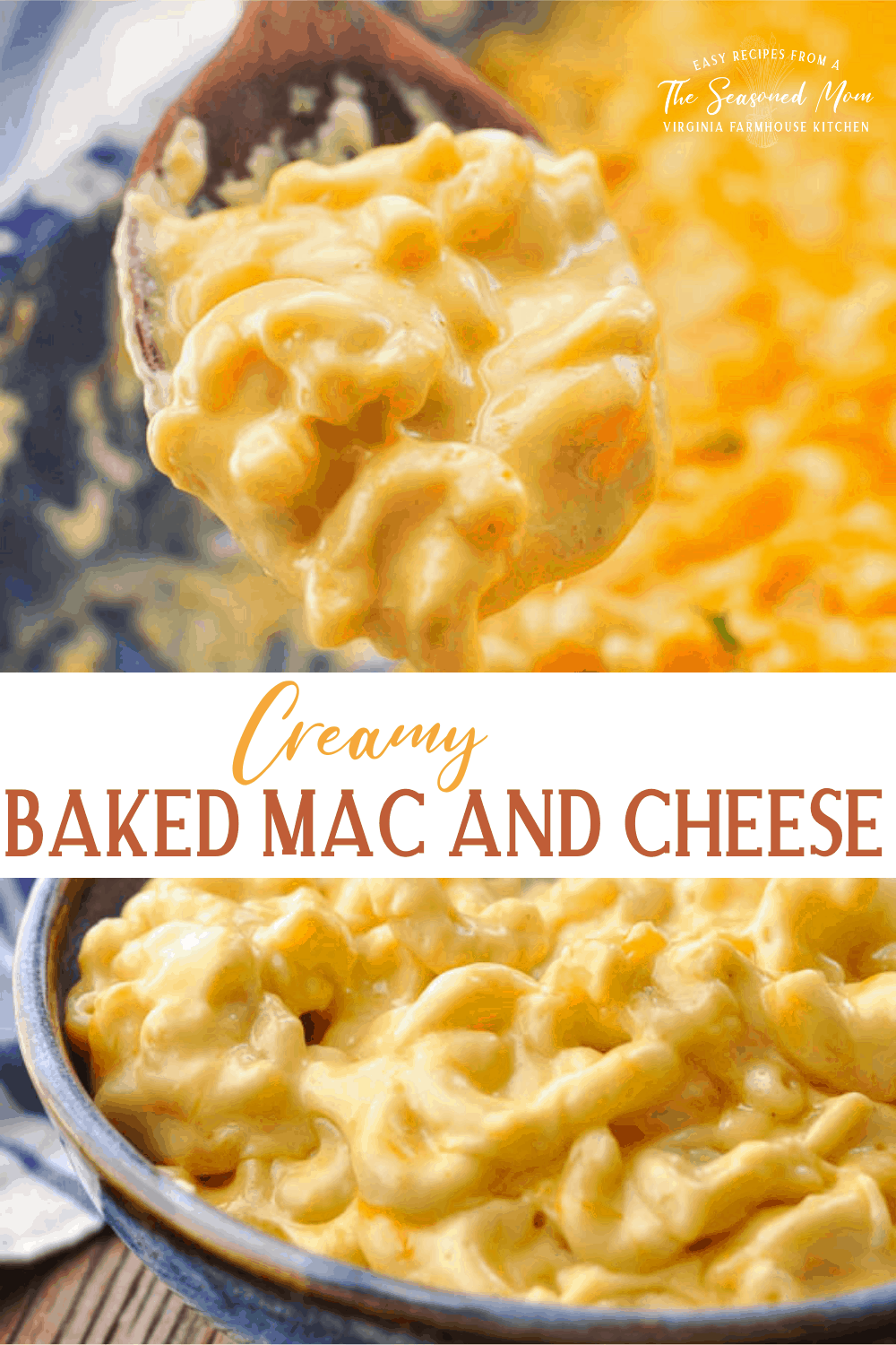 Long collage image of Creamy Baked Mac and Cheese