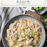 Bowl of slow cooker chicken and rice with text title box at top