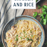 Overhead image of slow cooker chicken and rice recipe with text title box at top